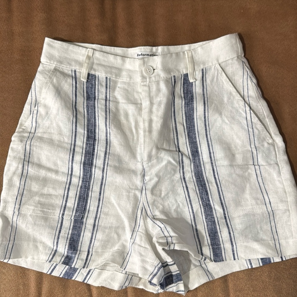 Reformation High Waist Striped Linen Shorts